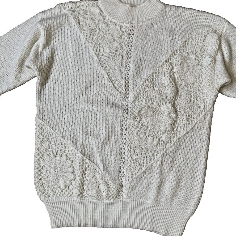 Jaclyn Smith Cream Sweater with Beading and Crochet Detail